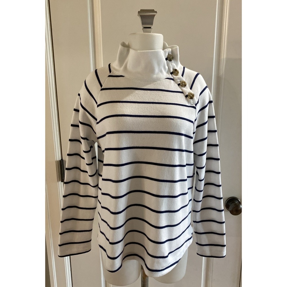 J Crew Mock Neck Button Shoulder Sweatshirt S White Navy Striped Nautical